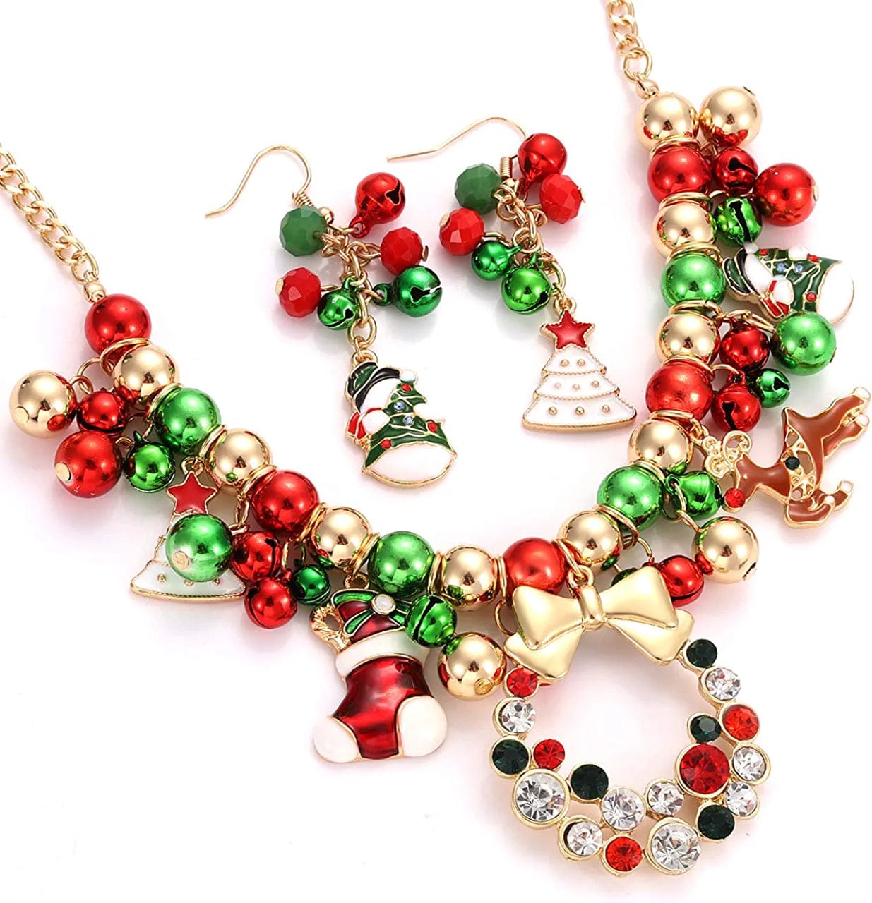 Christmas Jingle Bell Necklace Set X-Mas Crystal Pendant Necklace Bell Beaded Earrings Festival Holiday Jewelry Set for Women Girls Kids