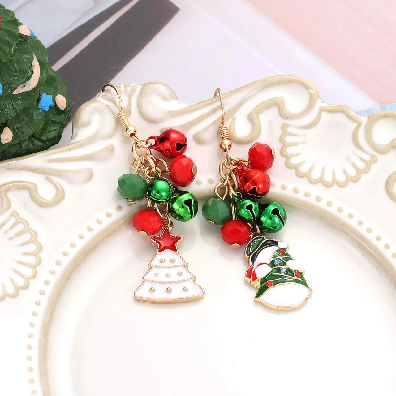 Christmas Jingle Bell Necklace Set X-Mas Crystal Pendant Necklace Bell Beaded Earrings Festival Holiday Jewelry Set for Women Girls Kids