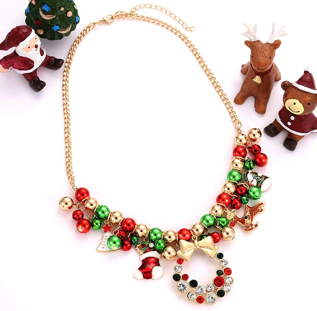 Christmas Jingle Bell Necklace Set X-Mas Crystal Pendant Necklace Bell Beaded Earrings Festival Holiday Jewelry Set for Women Girls Kids