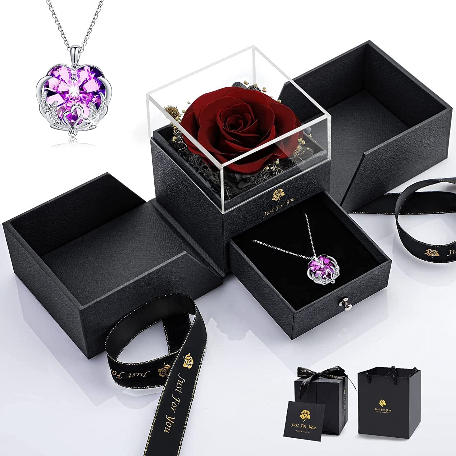 Christmas Rose Gifts for Women - Forever Red Real Rose Gift with Blue Crystal Necklace Birthday Gifts Ideas for Mom Girlfriend Wife Gifts Ideas for Anniversary Valentines M Dark Red Rose With Purple Swan Love Necklace