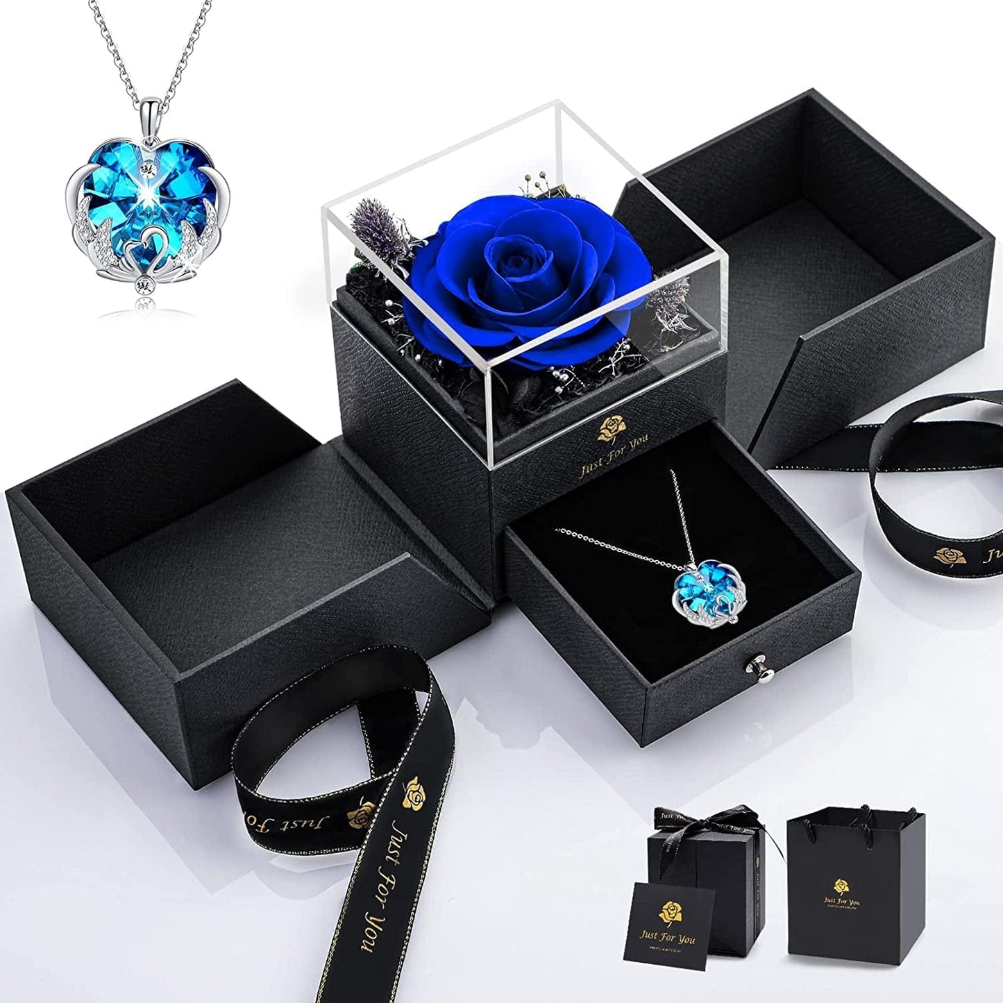 Christmas Rose Gifts for Women - Forever Red Real Rose Gift with Blue Crystal Necklace Birthday Gifts Ideas for Mom Girlfriend Wife Gifts Ideas for Anniversary Valentines B Blue Rose With Blue Swan Love Necklace