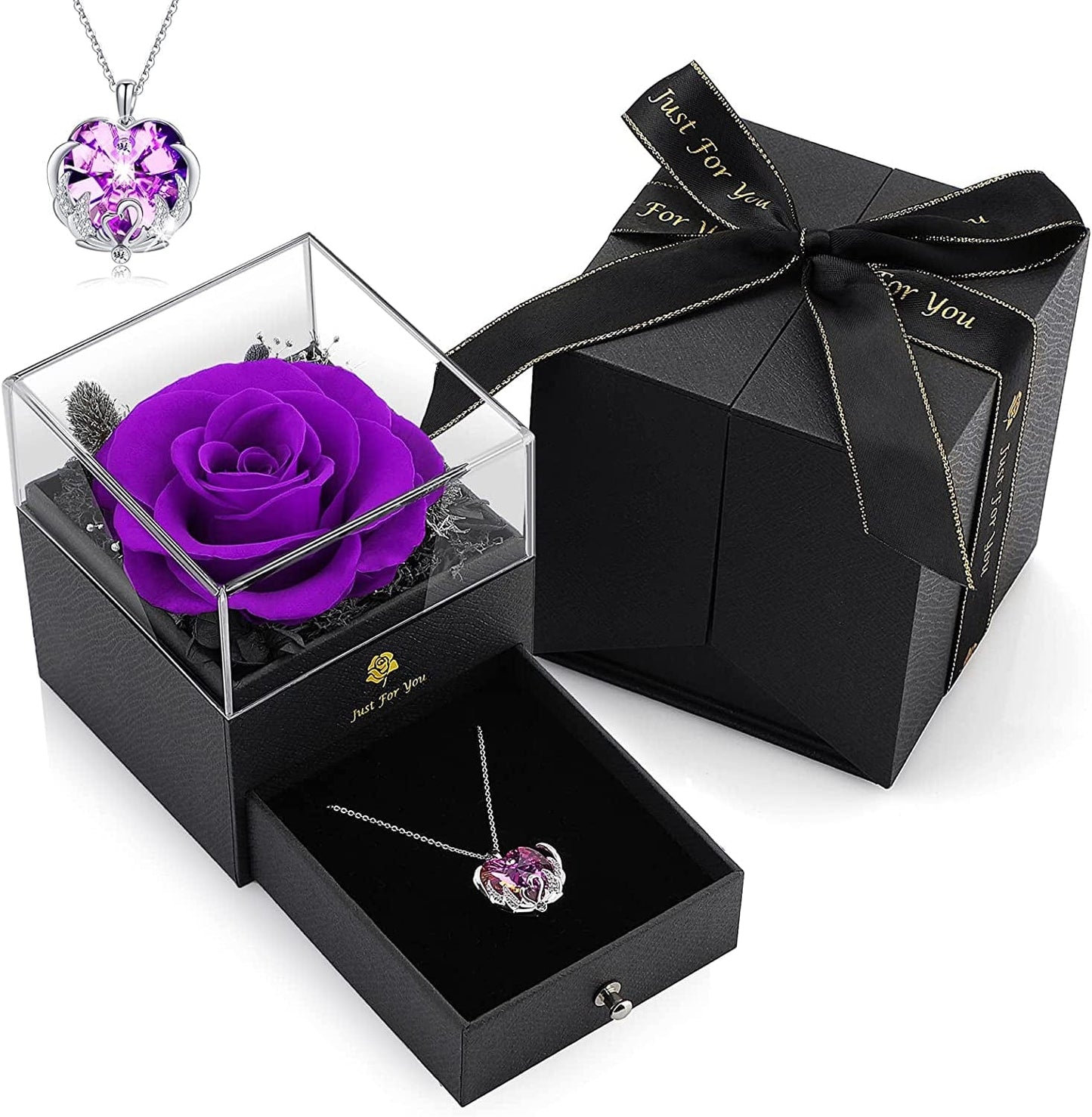 Christmas Rose Gifts for Women - Forever Red Real Rose Gift with Blue Crystal Necklace Birthday Gifts Ideas for Mom Girlfriend Wife Gifts Ideas for Anniversary Valentines D Purple Rose With Purple Swan Love Necklace