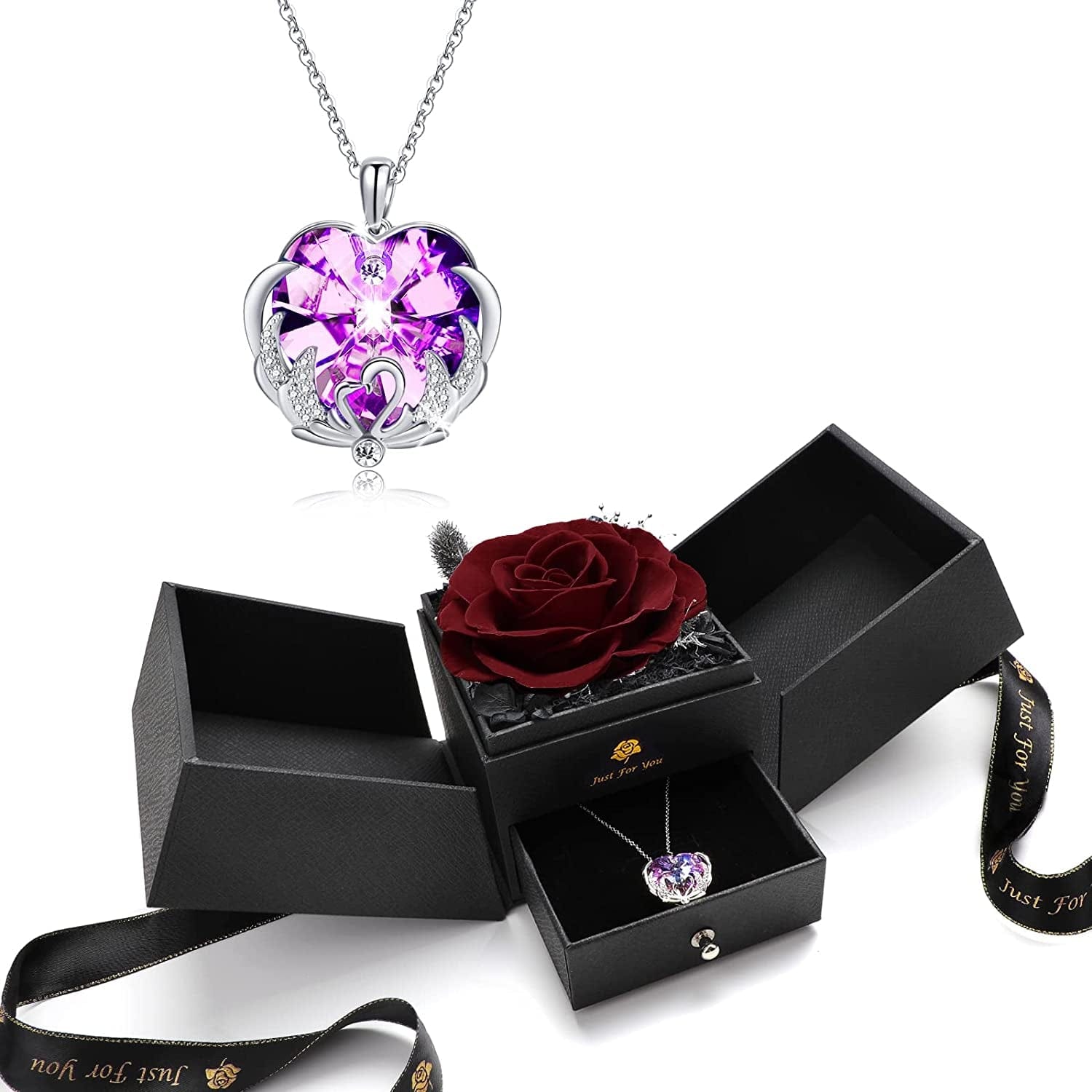 Christmas Rose Gifts for Women - Forever Red Real Rose Gift with Blue Crystal Necklace Birthday Gifts Ideas for Mom Girlfriend Wife Gifts Ideas for Anniversary Valentines P Rose Gift