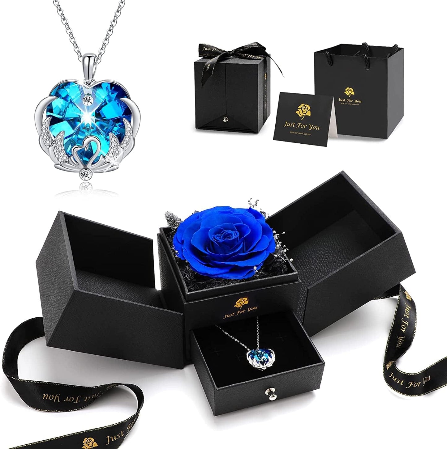 Christmas Rose Gifts for Women - Forever Red Real Rose Gift with Blue Crystal Necklace Birthday Gifts Ideas for Mom Girlfriend Wife Gifts Ideas for Anniversary Valentines W Rose Gift