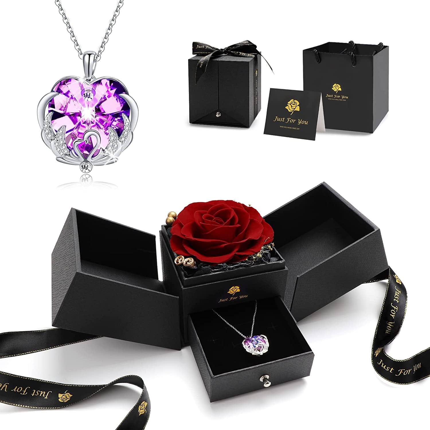 Christmas Rose Gifts for Women - Forever Red Real Rose Gift with Blue Crystal Necklace Birthday Gifts Ideas for Mom Girlfriend Wife Gifts Ideas for Anniversary Valentines S Rose Gift