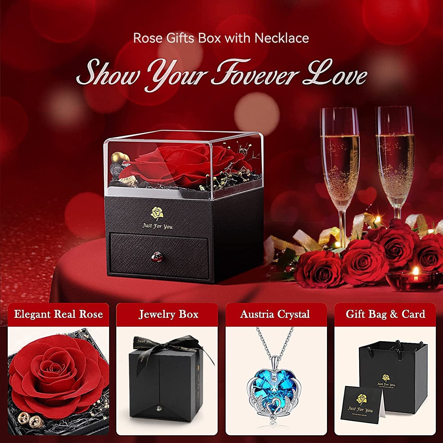 Christmas Rose Gifts for Women - Forever Red Real Rose Gift with Blue Crystal Necklace Birthday Gifts Ideas for Mom Girlfriend Wife Gifts Ideas for Anniversary Valentines