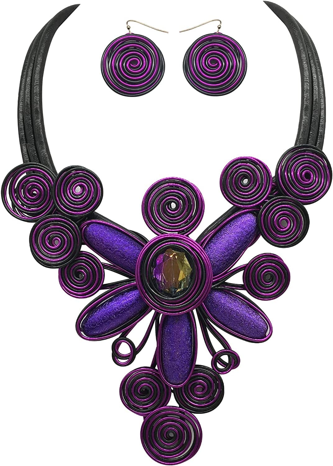 Chunky African Jewelry Statement Necklace for Women Tribal Fashion Costume Earring Set Unique Rhinestone Crystal Gold Wire Wrapped Big Wood Pendent Collar Choker Bib Handmade flower purple