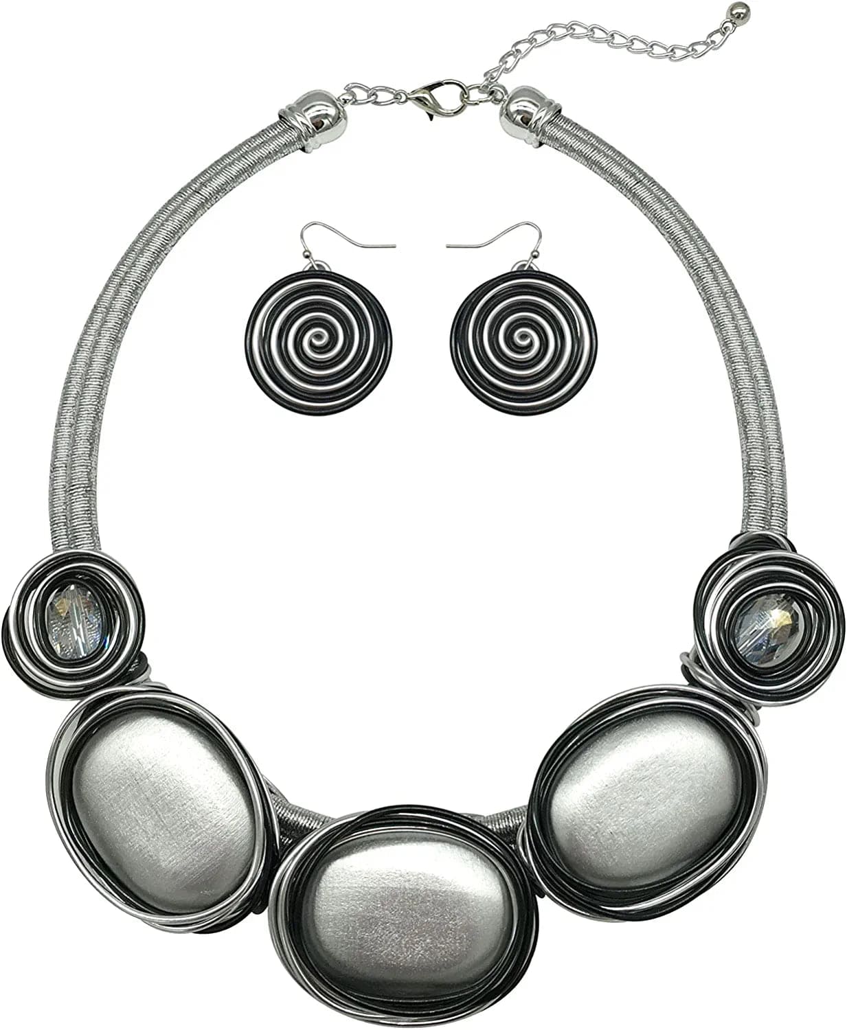 Chunky African Jewelry Statement Necklace for Women Tribal Fashion Costume Earring Set Unique Rhinestone Crystal Gold Wire Wrapped Big Wood Pendent Collar Choker Bib Handmade 08