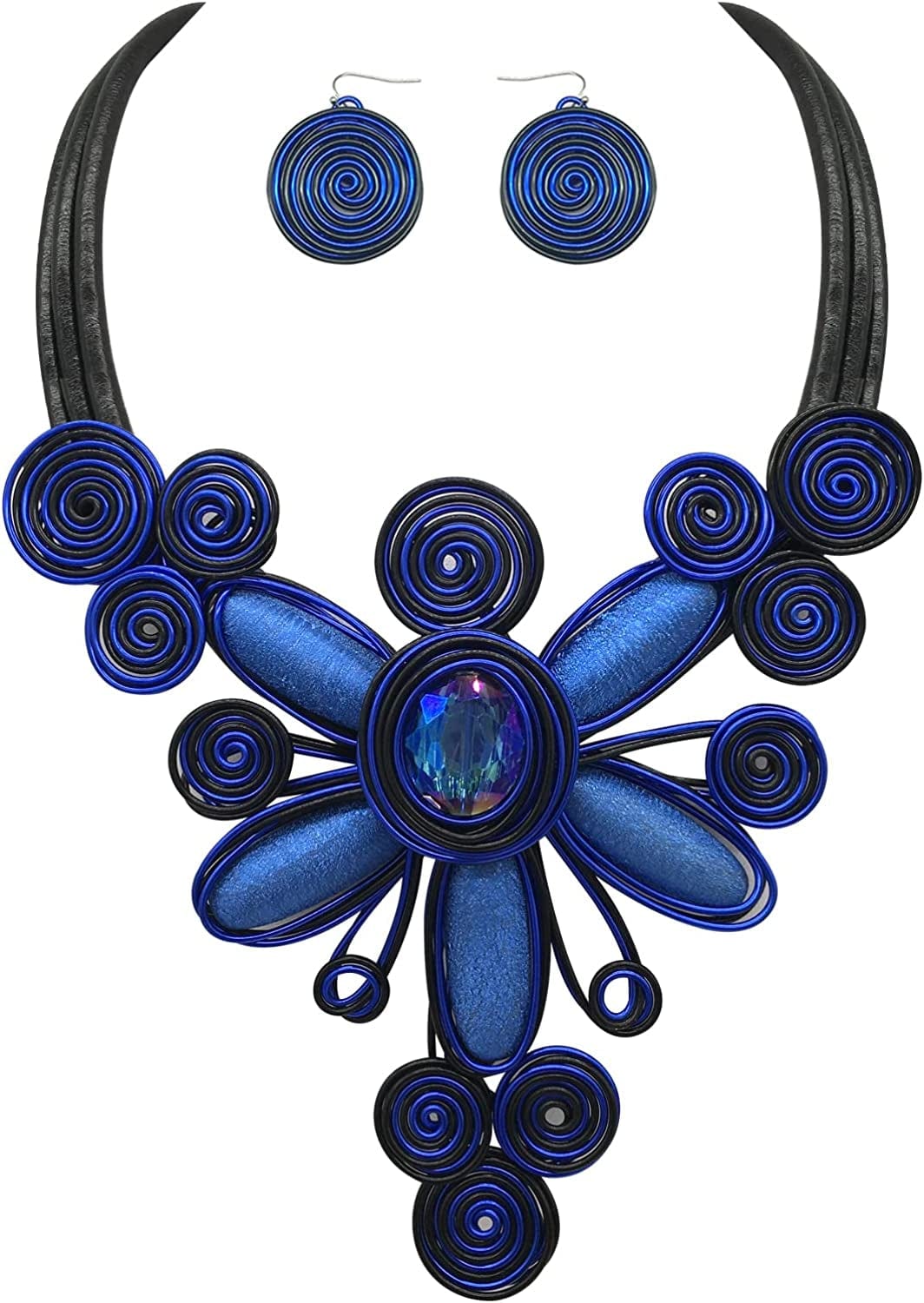 Chunky African Jewelry Statement Necklace for Women Tribal Fashion Costume Earring Set Unique Rhinestone Crystal Gold Wire Wrapped Big Wood Pendent Collar Choker Bib Handmade flower Blue