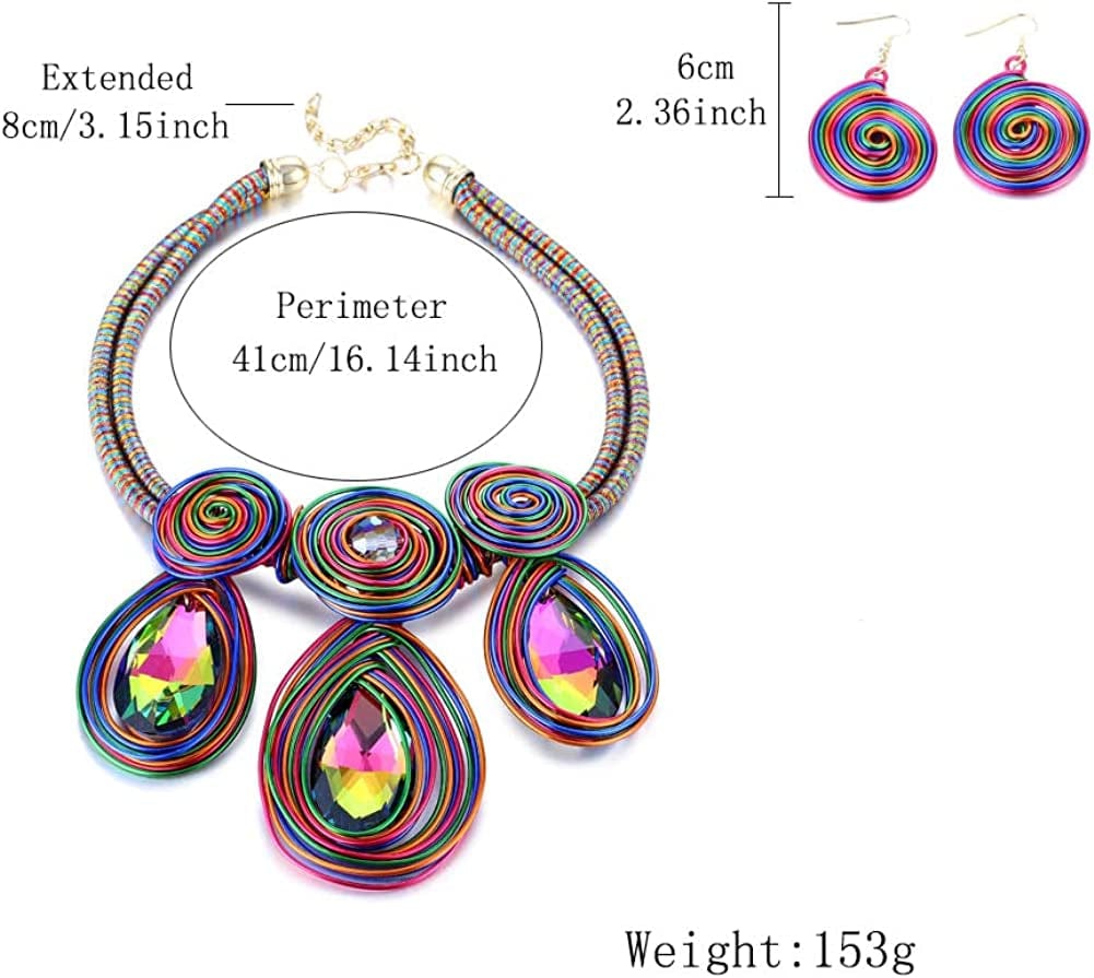 Chunky African Jewelry Statement Necklace for Women Unique Fashion Tribal Costume Necklace and Earring Sets Handmade Gold Wire Wrapped Big Rhinestone Crystal Pendent Collar Choker