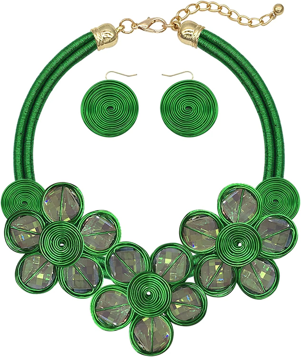 Chunky African Statement Necklace for Women Tribal Fashion Costume Jewelry Earring Sets Unique Colorful Big Rhinestone Crystal Pendent Collar Choker Bib Handmade bib green