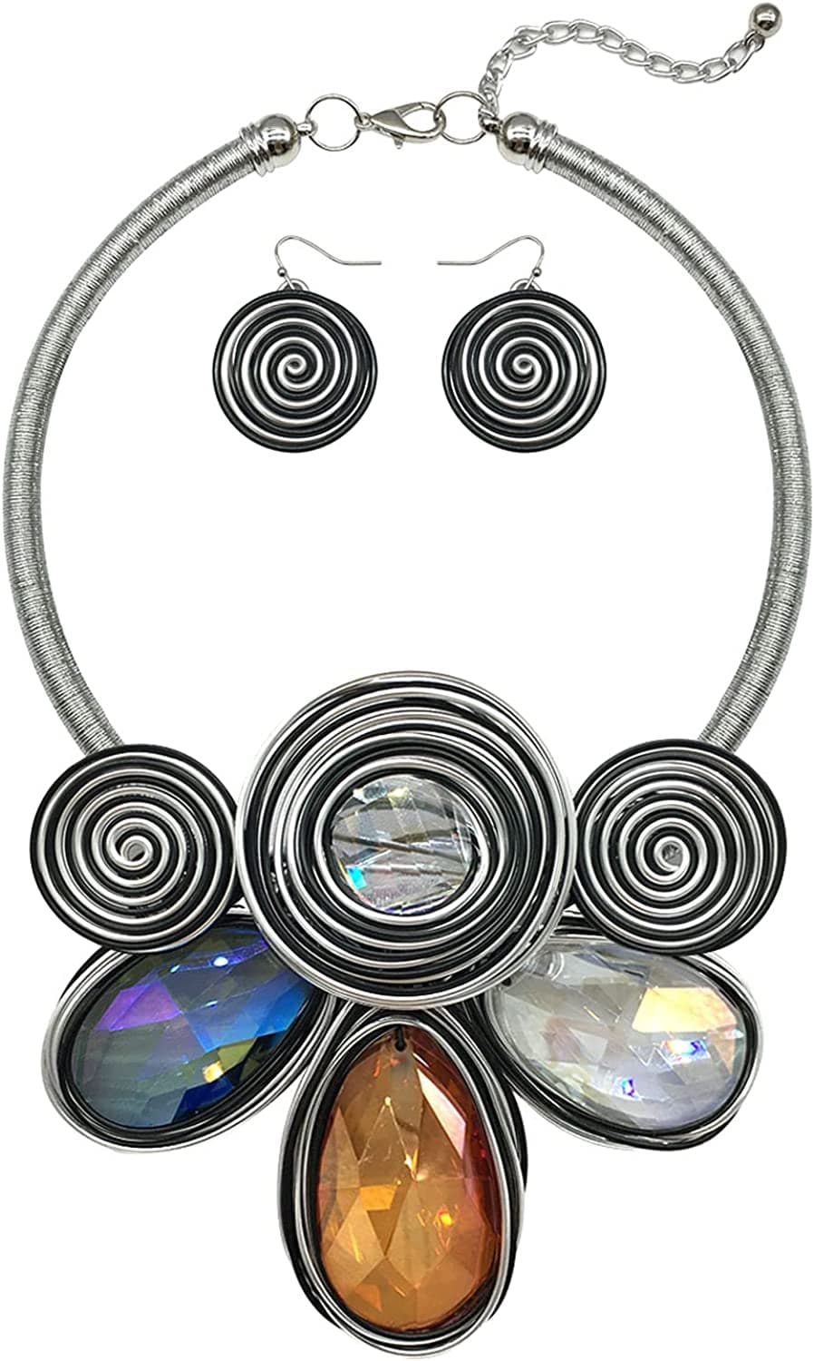 Chunky African Statement Necklace for Women Tribal Fashion Costume Jewelry Earring Sets Unique Colorful Big Rhinestone Crystal Pendent Collar Choker Bib Handmade 02