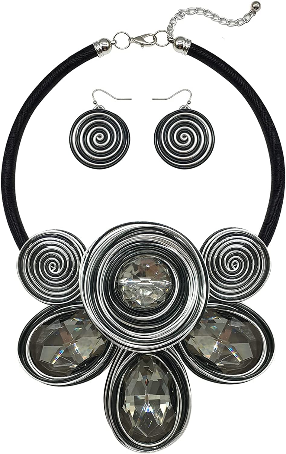 Chunky African Statement Necklace for Women Tribal Fashion Costume Jewelry Earring Sets Unique Colorful Big Rhinestone Crystal Pendent Collar Choker Bib Handmade 31