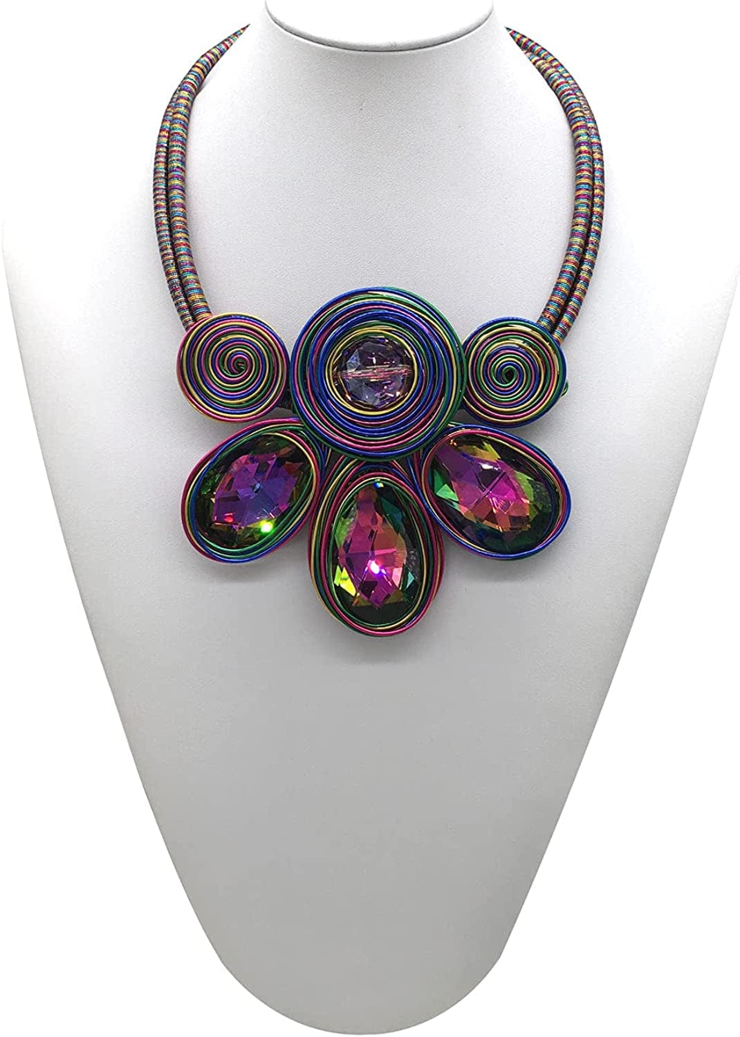 Chunky African Statement Necklace for Women Tribal Fashion Costume Jewelry Earring Sets Unique Colorful Big Rhinestone Crystal Pendent Collar Choker Bib Handmade