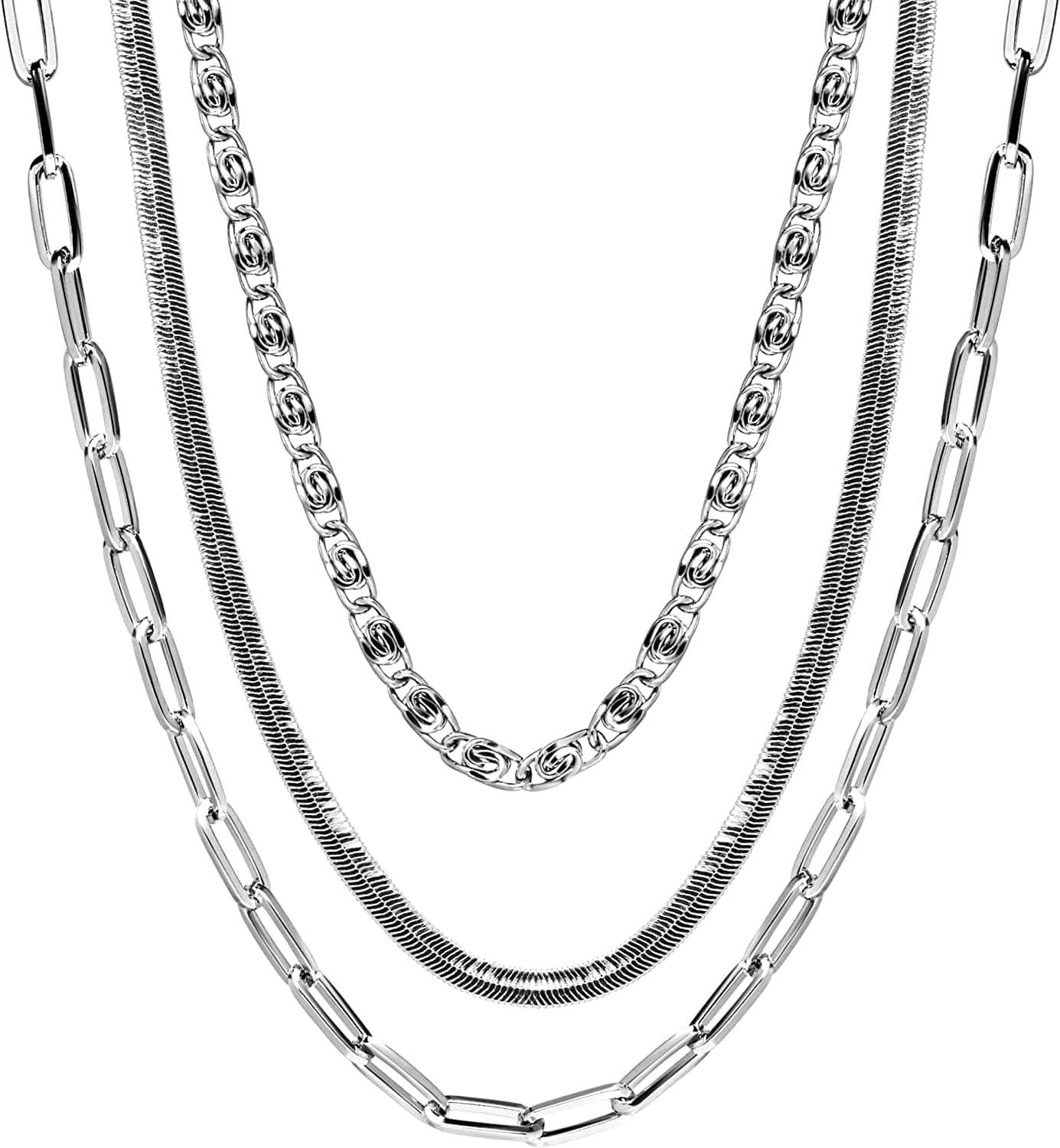 Chunky Women'S Chain Necklace - Three Row Statement Layered Necklaces for Women Curb, Mariner, Paperclip, Figaro, Snake, Rope White Swirl/Herringbone/Paperclip / One Size