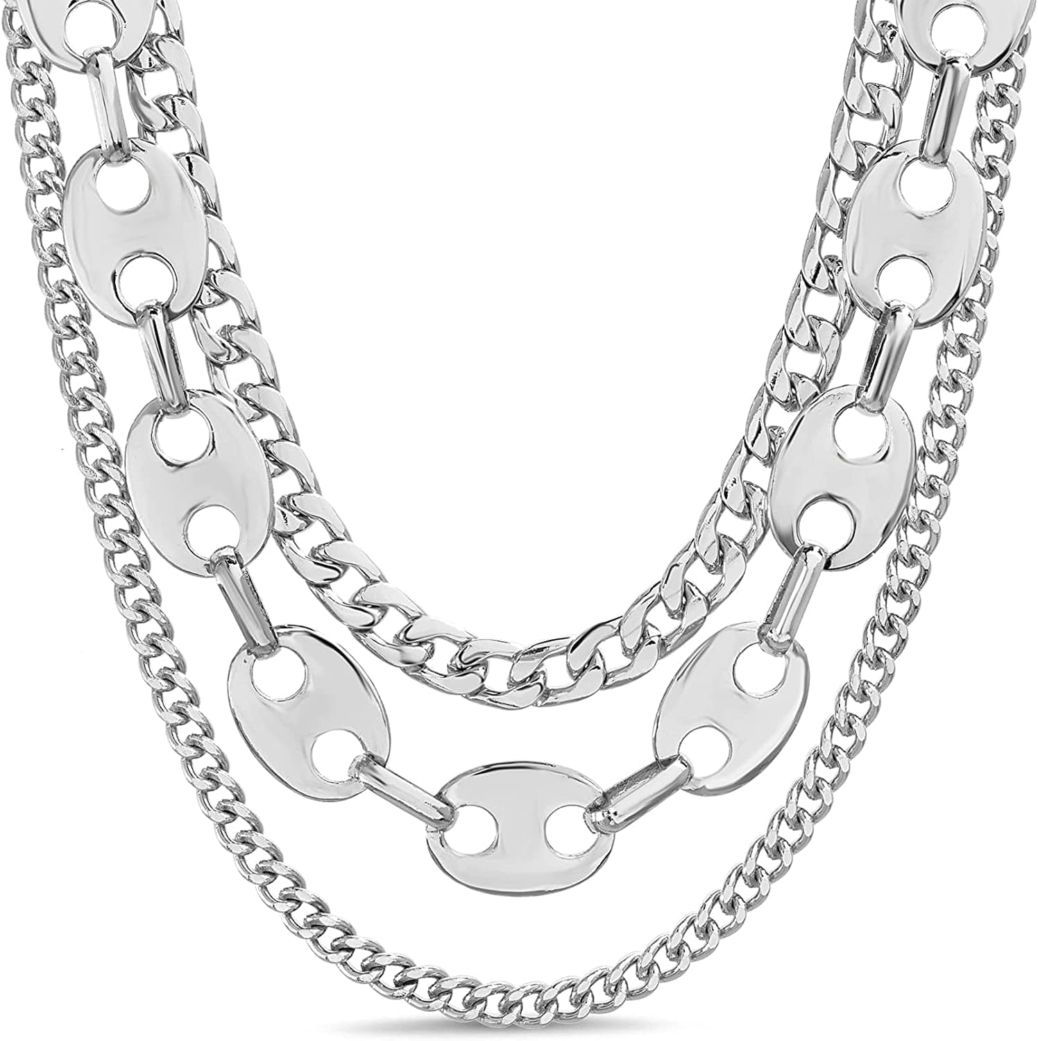Chunky Women'S Chain Necklace - Three Row Statement Layered Necklaces for Women Curb, Mariner, Paperclip, Figaro, Snake, Rope Classic White / One Size