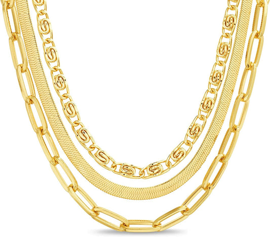 Chunky Women'S Chain Necklace - Three Row Statement Layered Necklaces for Women Curb, Mariner, Paperclip, Figaro, Snake, Rope Yellow Swirl/Herringbone/Paperclip / One Size