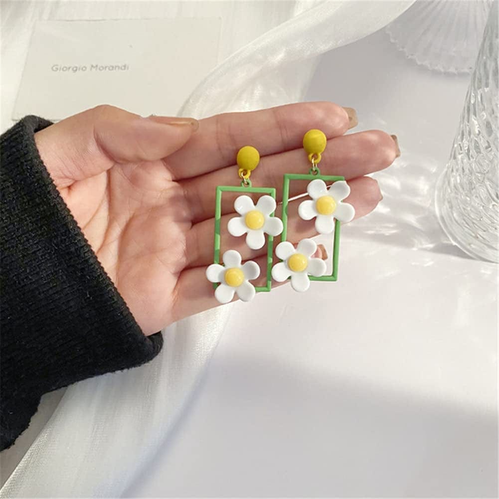CHUNYANAN Elegant Charm Hollow Acrylic Square Daisy Flowers Long Geometric Floral Earrings Fashionable Retro Lovely Sweet Girl Women Jewelry Gift White