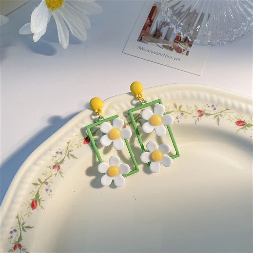 CHUNYANAN Elegant Charm Hollow Acrylic Square Daisy Flowers Long Geometric Floral Earrings Fashionable Retro Lovely Sweet Girl Women Jewelry Gift White
