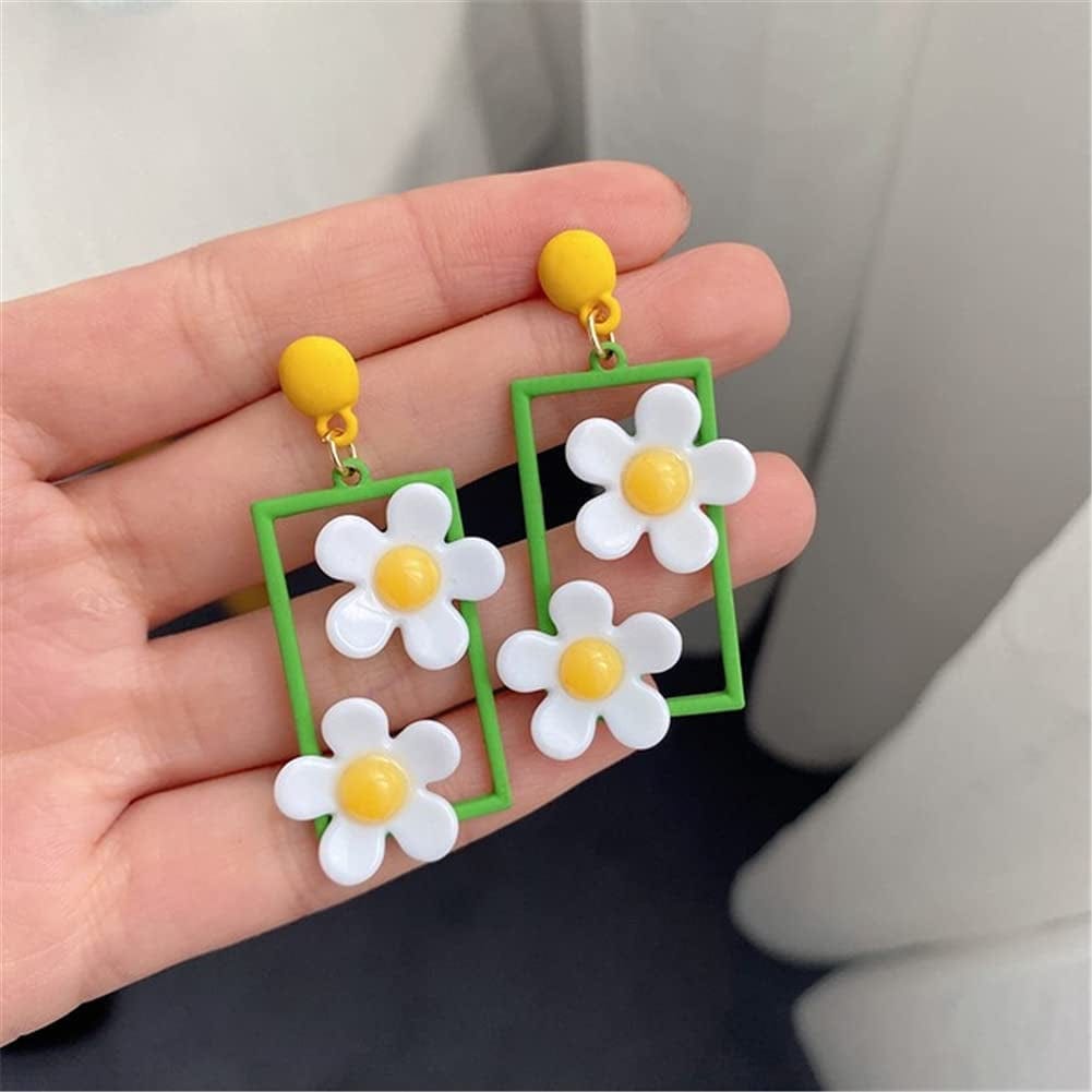 CHUNYANAN Elegant Charm Hollow Acrylic Square Daisy Flowers Long Geometric Floral Earrings Fashionable Retro Lovely Sweet Girl Women Jewelry Gift White