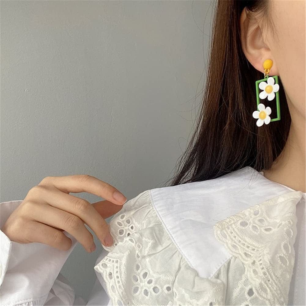 CHUNYANAN Elegant Charm Hollow Acrylic Square Daisy Flowers Long Geometric Floral Earrings Fashionable Retro Lovely Sweet Girl Women Jewelry Gift White