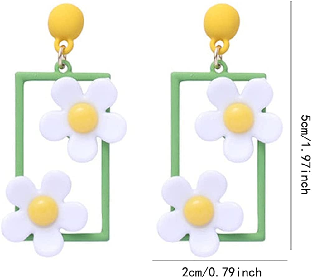 CHUNYANAN Elegant Charm Hollow Acrylic Square Daisy Flowers Long Geometric Floral Earrings Fashionable Retro Lovely Sweet Girl Women Jewelry Gift White
