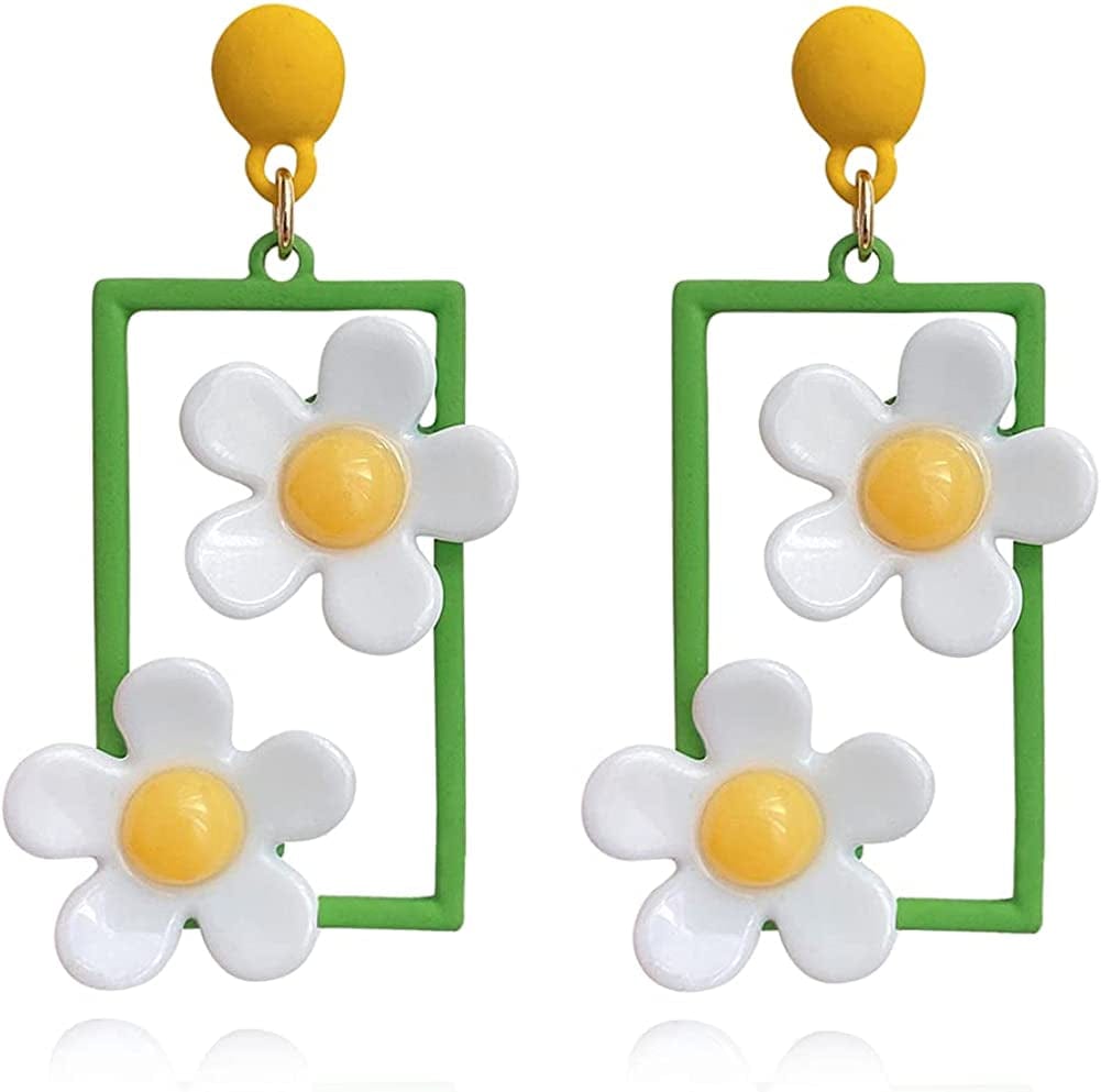 CHUNYANAN Elegant Charm Hollow Acrylic Square Daisy Flowers Long Geometric Floral Earrings Fashionable Retro Lovely Sweet Girl Women Jewelry Gift White