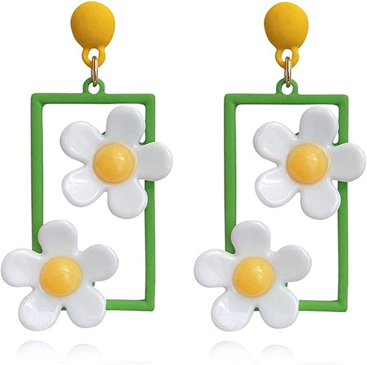 CHUNYANAN Elegant Charm Hollow Acrylic Square Daisy Flowers Long Geometric Floral Earrings Fashionable Retro Lovely Sweet Girl Women Jewelry Gift White