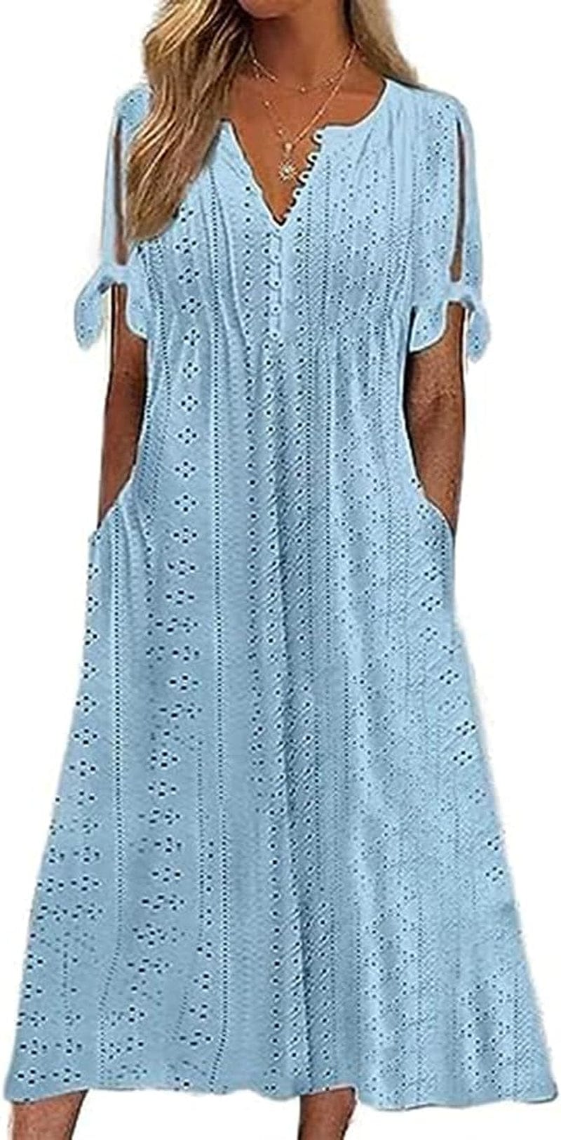 Chvity Women'S Summer V Neck Button Tie Short Sleeve Dress Eyelet Embroidery Pleated Solid Color Dresses Blue / Small
