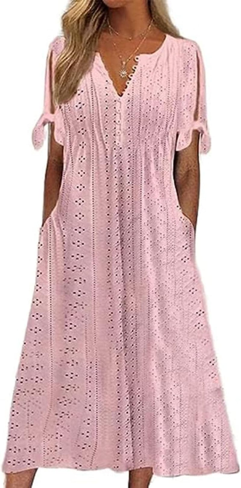 Chvity Women'S Summer V Neck Button Tie Short Sleeve Dress Eyelet Embroidery Pleated Solid Color Dresses Pink / Small