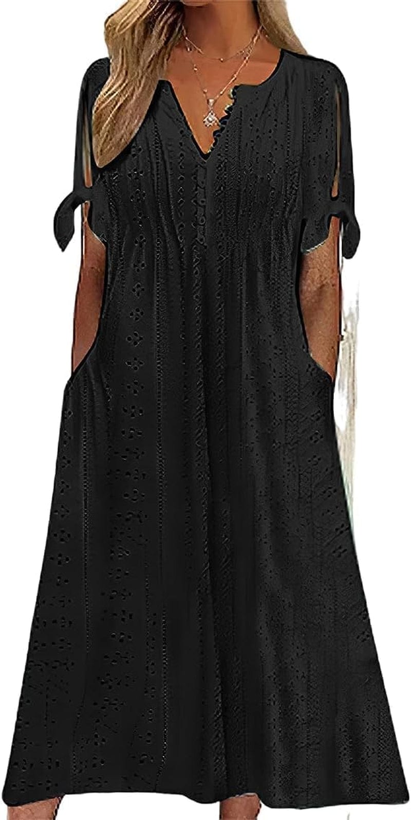 Chvity Women'S Summer V Neck Button Tie Short Sleeve Dress Eyelet Embroidery Pleated Solid Color Dresses Black / Small