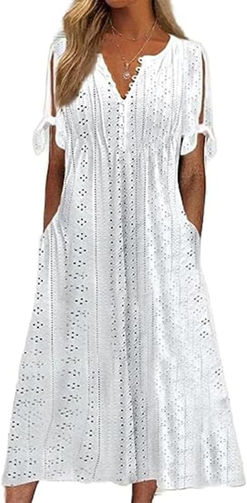 Chvity Women'S Summer V Neck Button Tie Short Sleeve Dress Eyelet Embroidery Pleated Solid Color Dresses White / Medium