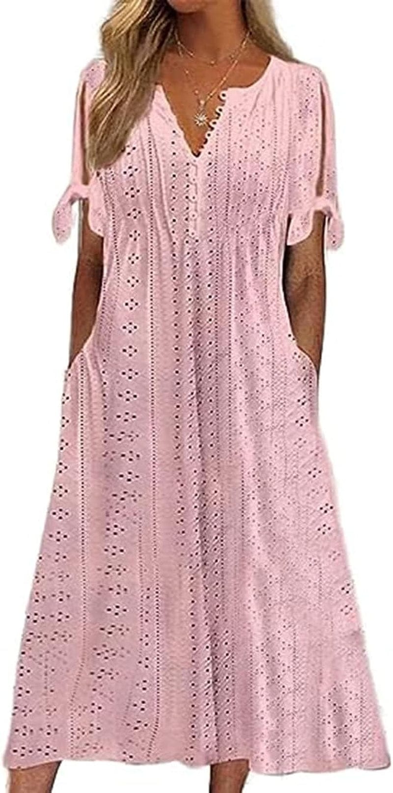 Chvity Women'S Summer V Neck Button Tie Short Sleeve Dress Eyelet Embroidery Pleated Solid Color Dresses Pink / Medium