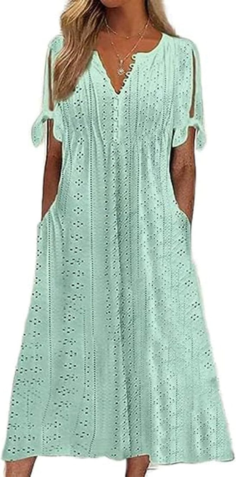 Chvity Women'S Summer V Neck Button Tie Short Sleeve Dress Eyelet Embroidery Pleated Solid Color Dresses Green / Small