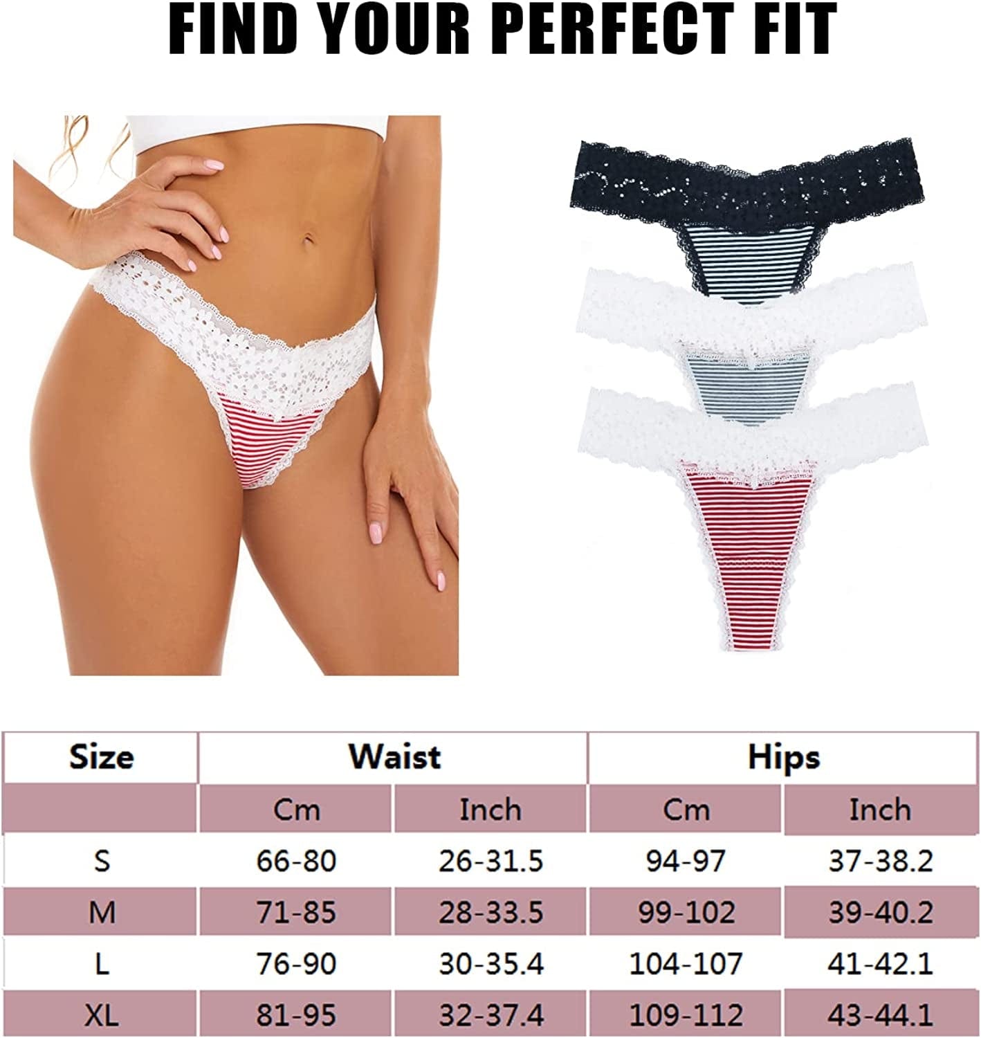 CKSUNG Pack of 6 Women'S Cotton Thongs, T Back Low Waist Sexy V-Shape Design Lace Trim Panties