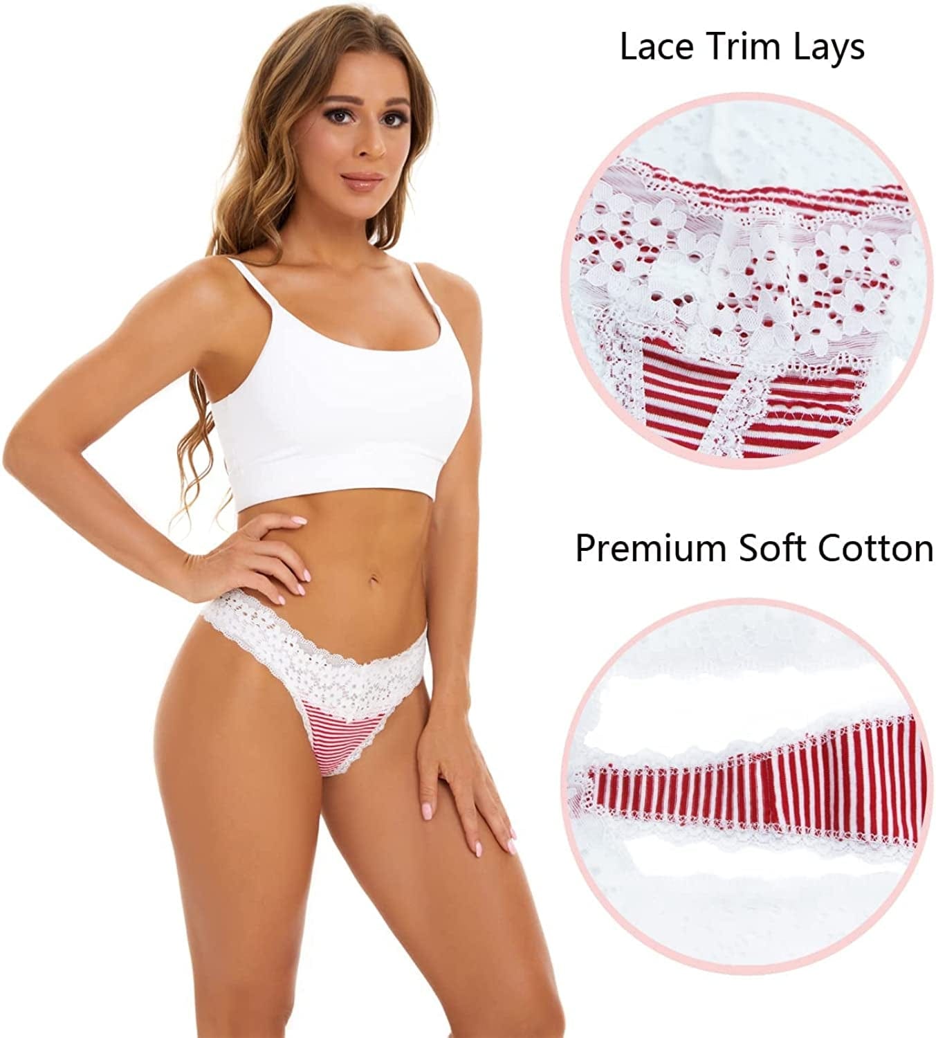 CKSUNG Pack of 6 Women'S Cotton Thongs, T Back Low Waist Sexy V-Shape Design Lace Trim Panties