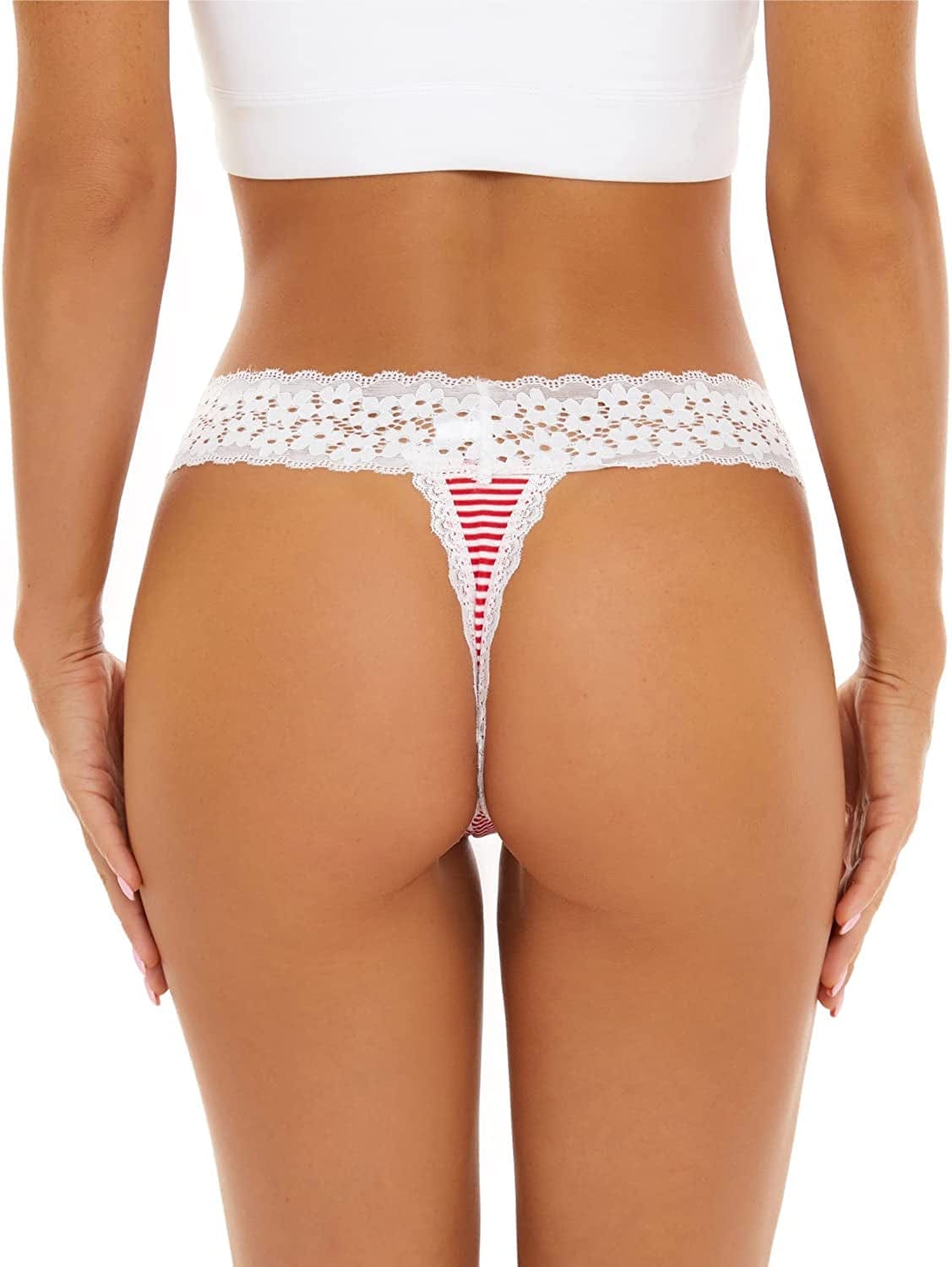 CKSUNG Pack of 6 Women'S Cotton Thongs, T Back Low Waist Sexy V-Shape Design Lace Trim Panties