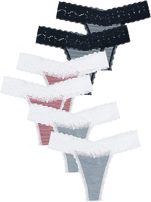 CKSUNG Pack of 6 Women'S Cotton Thongs, T Back Low Waist Sexy V-Shape Design Lace Trim Panties 6 Pack - Thong / X-Large