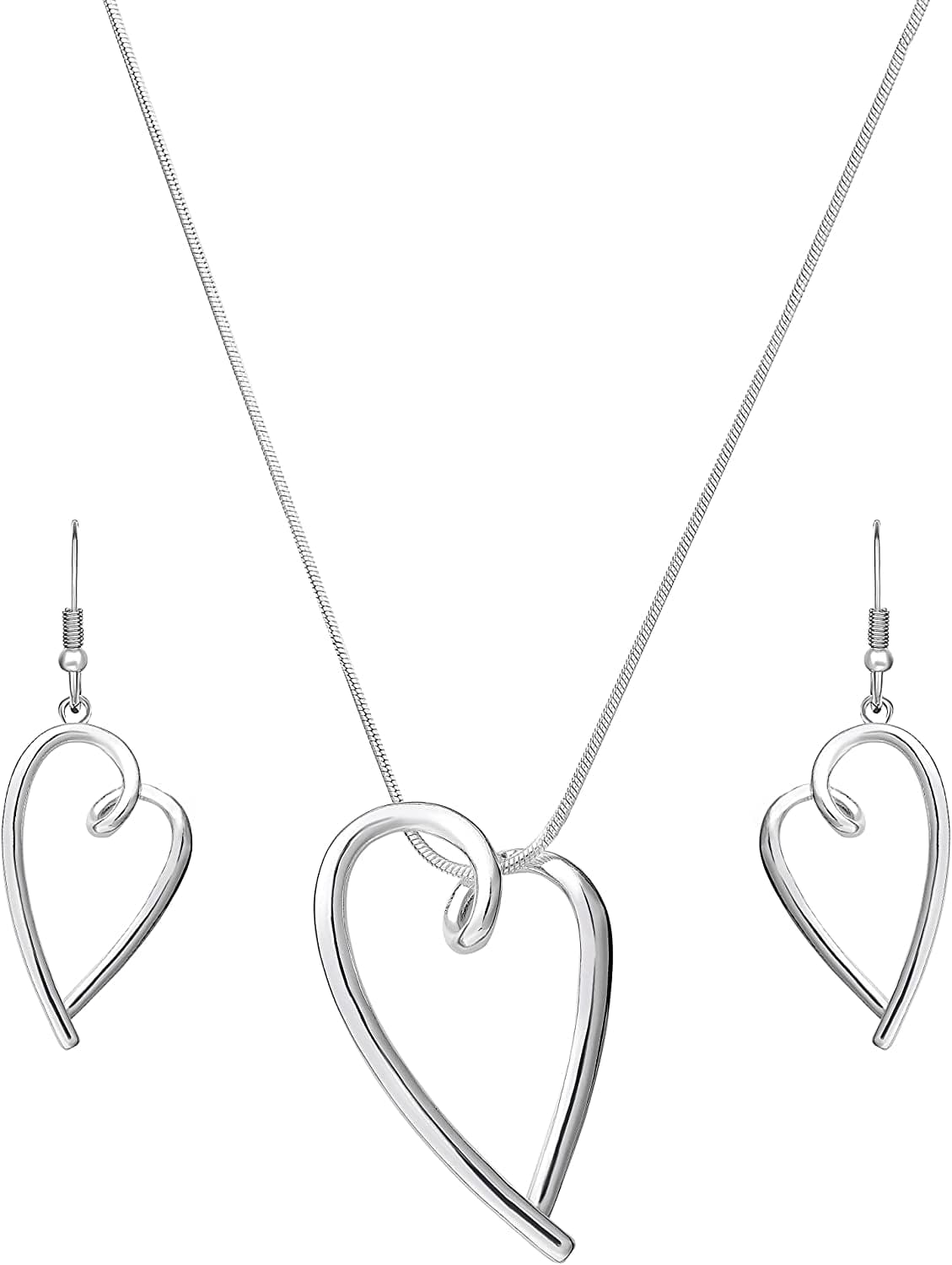 Classic Jewelry Collection Teardrop Necklace with 18" Inch Snake Chain and Earring Set in Silver Heart Necklace Set