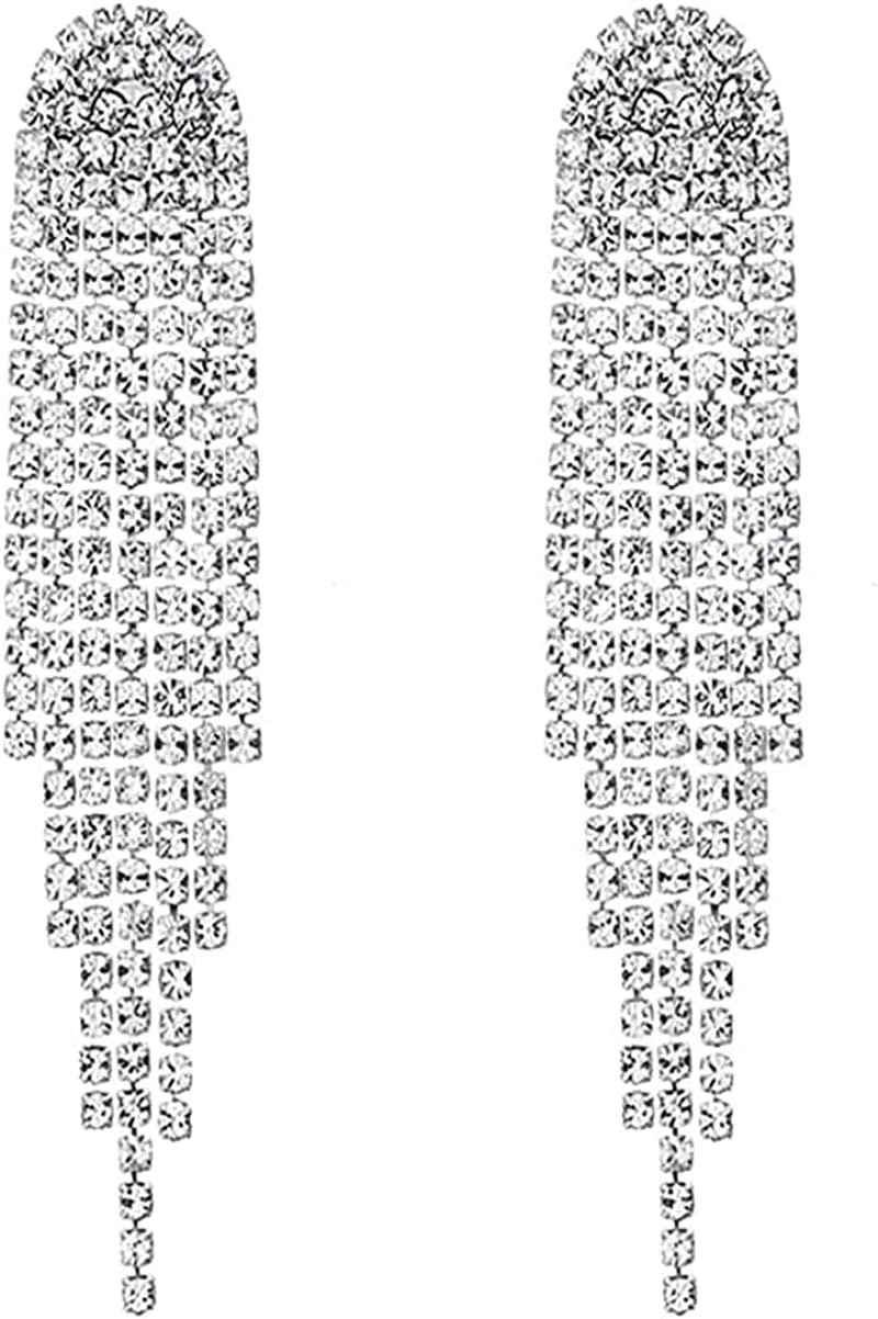 Clear Rhinestone Crystal Boho Tassel Long Sparkle Dangle Earrings 2.8"/3.3" 2.8 inch