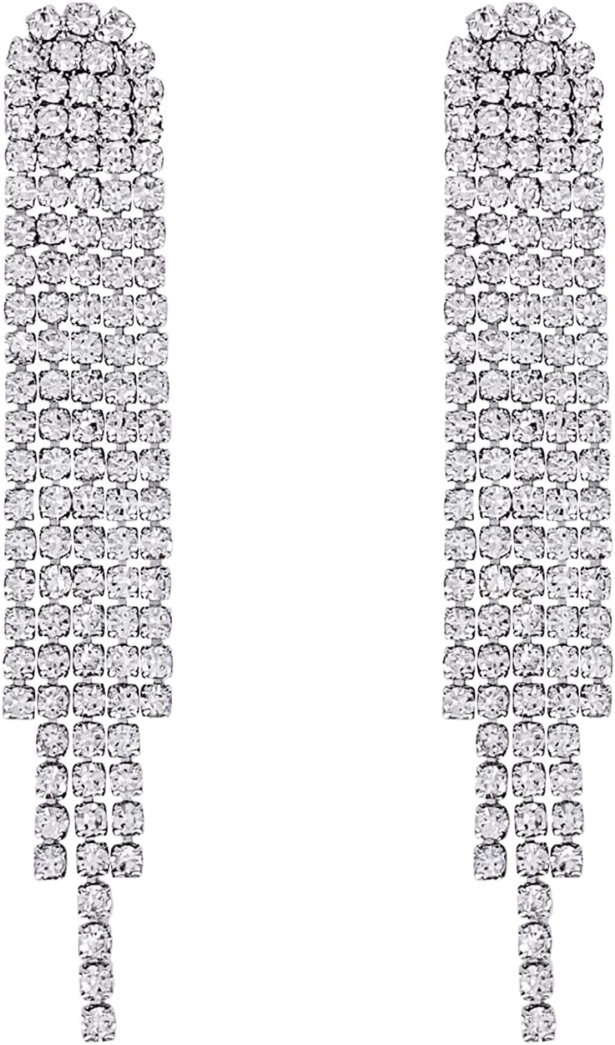 Clear Rhinestone Crystal Boho Tassel Long Sparkle Dangle Earrings 2.8"/3.3" small style