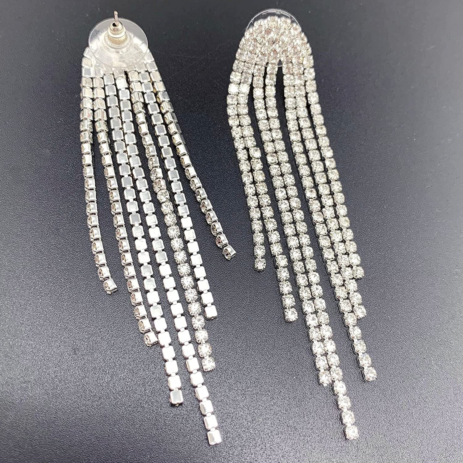 Clear Rhinestone Crystal Boho Tassel Long Sparkle Dangle Earrings 2.8"/3.3"