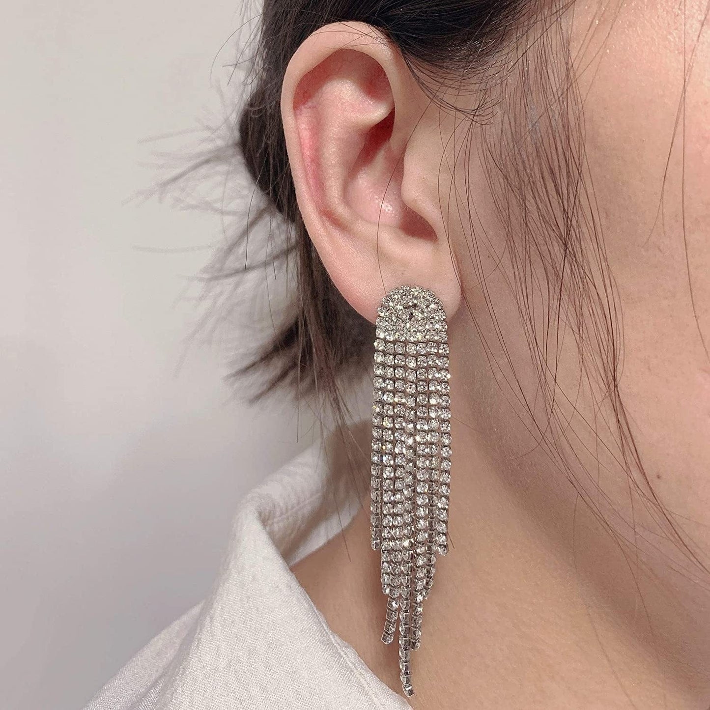 Clear Rhinestone Crystal Boho Tassel Long Sparkle Dangle Earrings 2.8"/3.3"