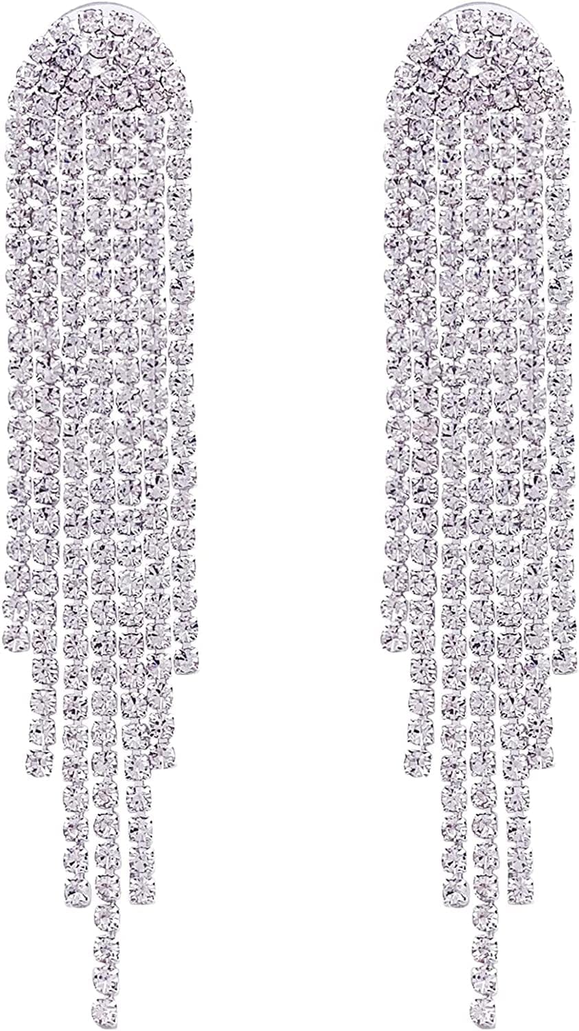 Clear Rhinestone Crystal Boho Tassel Long Sparkle Dangle Earrings 2.8"/3.3" 3.3 inch