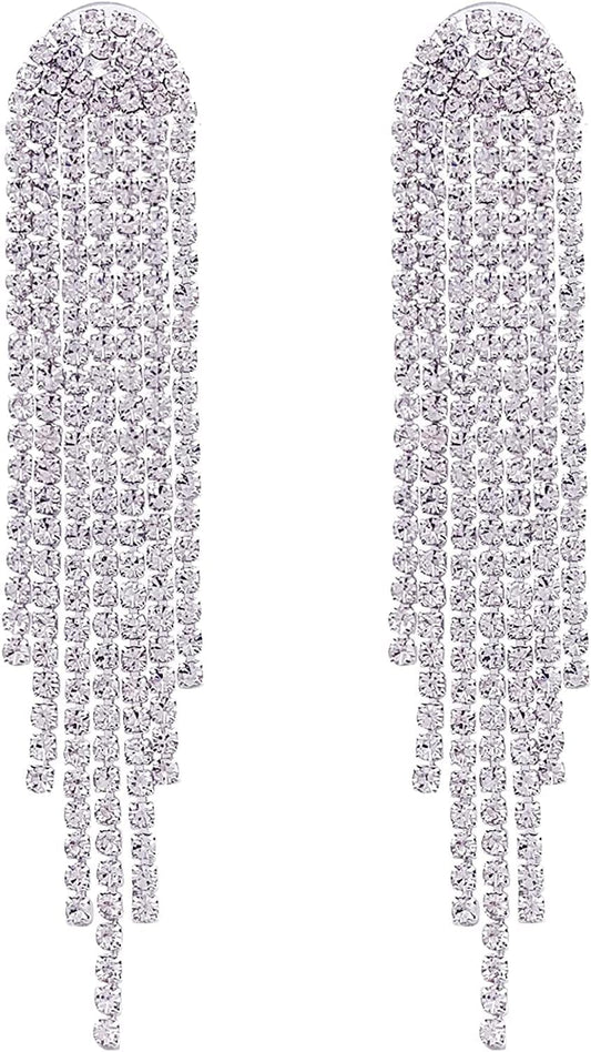 Clear Rhinestone Crystal Boho Tassel Long Sparkle Dangle Earrings 2.8"/3.3" 3.3 inch