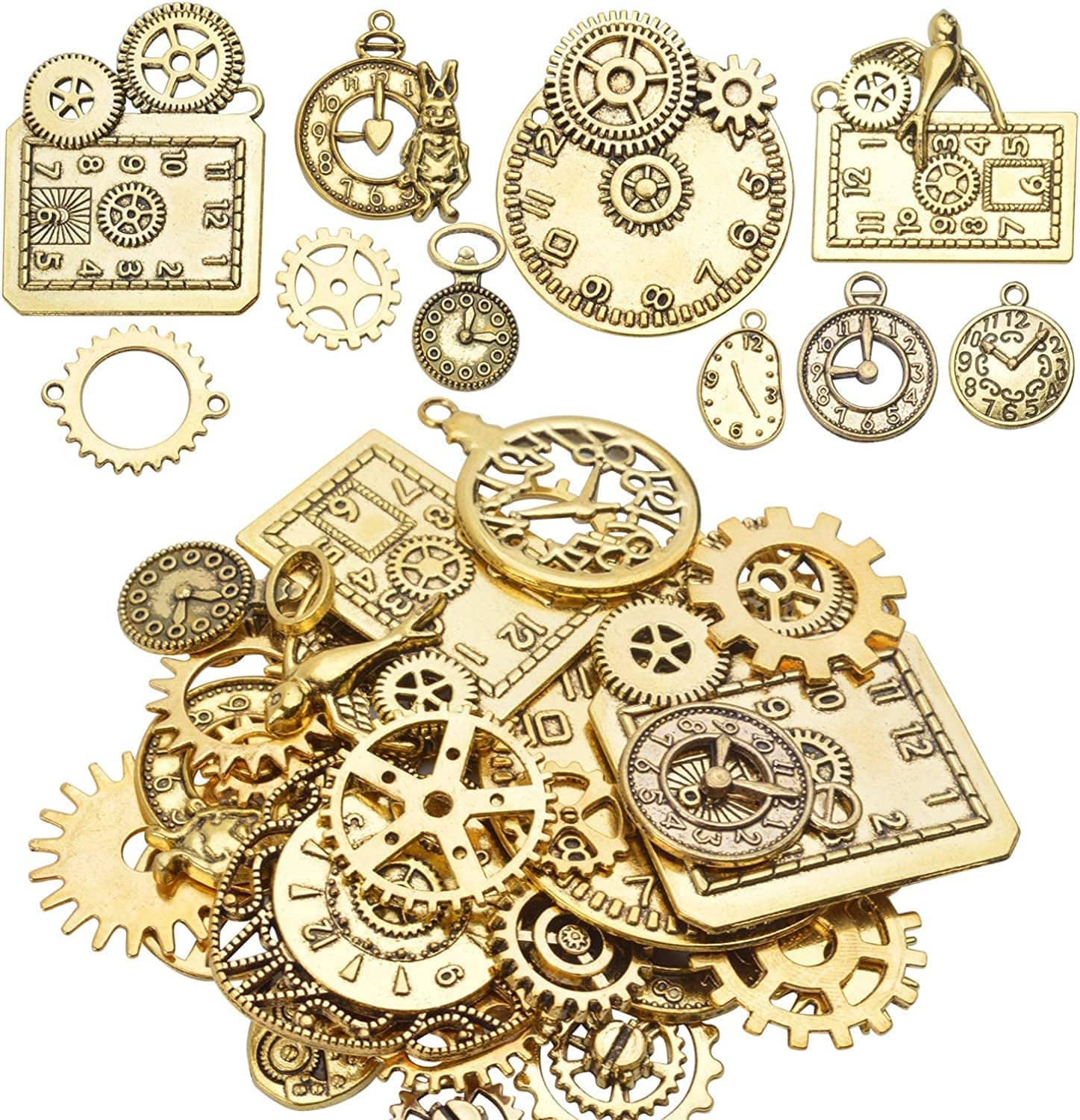Clock Face Charm Pendant,100 Gram Multi-Style Clocks and Watches Dial Face Movement Charms Gears Steampunk Pendant Craft Supplies for DIY Jewelry Making Gold