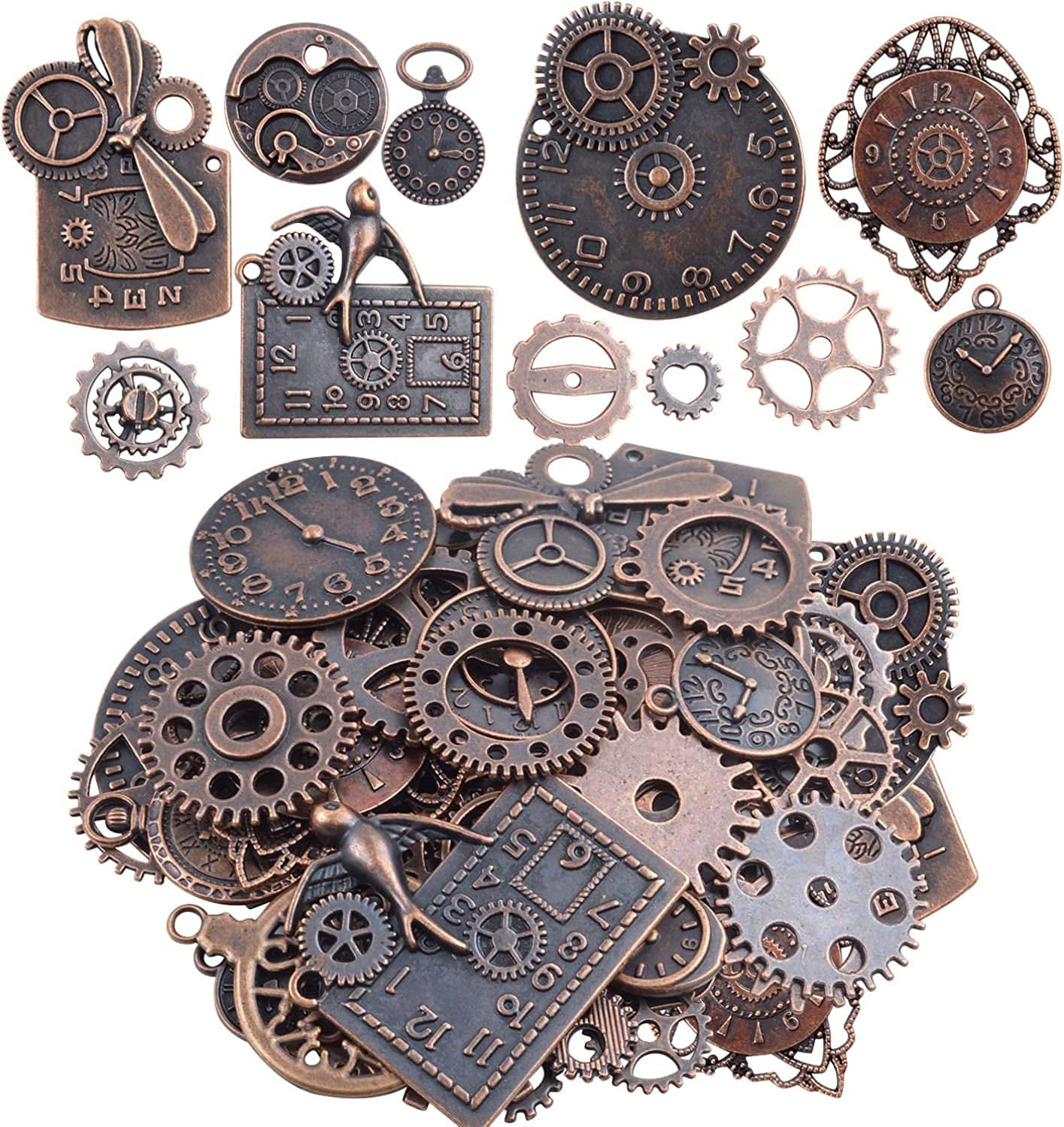 Clock Face Charm Pendant,100 Gram Multi-Style Clocks and Watches Dial Face Movement Charms Gears Steampunk Pendant Craft Supplies for DIY Jewelry Making RedCopper