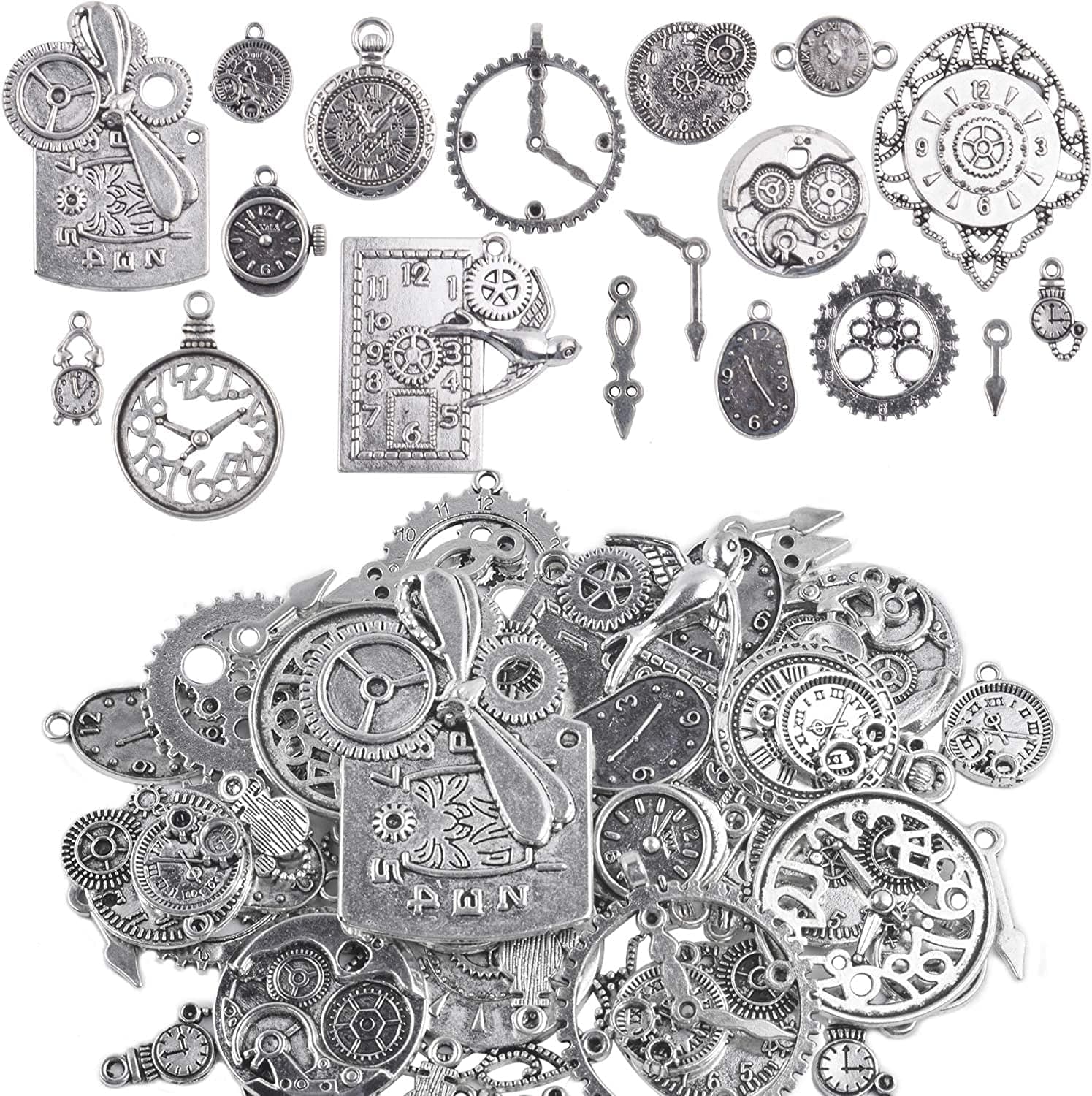 Clock Face Charm Pendant,100 Gram Multi-Style Clocks and Watches Dial Face Movement Charms Gears Steampunk Pendant Craft Supplies for DIY Jewelry Making Antique Silver