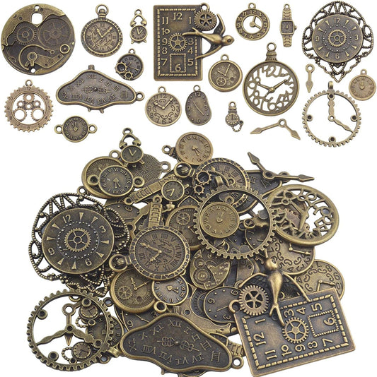 Clock Face Charm Pendant,100 Gram Multi-Style Clocks and Watches Dial Face Movement Charms Gears Steampunk Pendant Craft Supplies for DIY Jewelry Making Antique Bronze