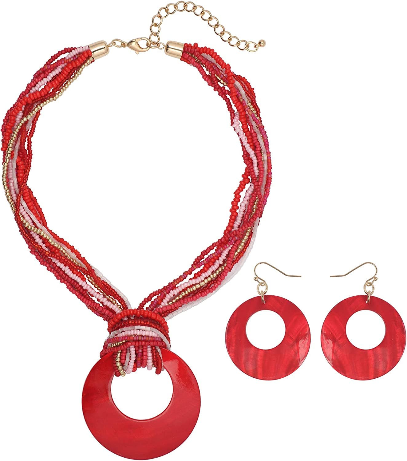 COIRIS Multi Strand Statement Colorful Beaded Necklace with Big Circle Shell Pendant for Women Red